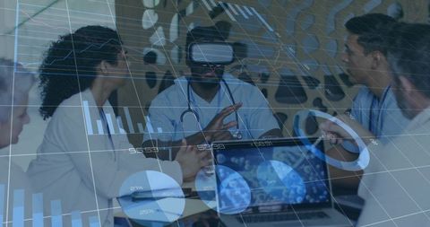 Medical team collaborating with virtual reality and data dashboards for clinical decisions