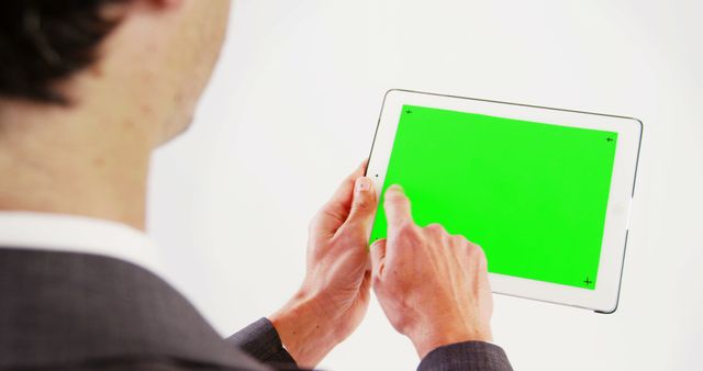 Businessman using a tablet with green screen. Useful for illustrating themes related to technology, digital presentations, corporate projects, modern workplace, and remote work. Perfect for use in marketing materials, business websites, technology-related blogs, and educational resources.