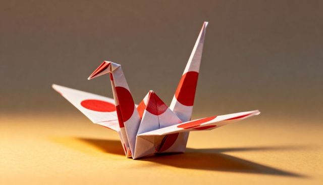 Red polka dot origami crane on warm minimalist surface casting soft shadow
