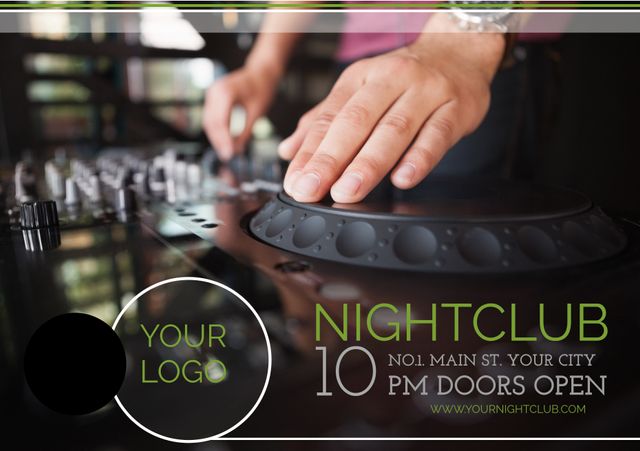 Perfect for promoting vibrant nightclub events, this flyer features a DJ mixing tracks on a deck. Use it to advertise upcoming party nights, musical events, or club promotions.