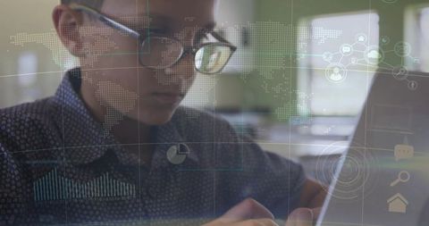 Young Student Using Laptop with Augmented Learning Interface and Global Data Overlay