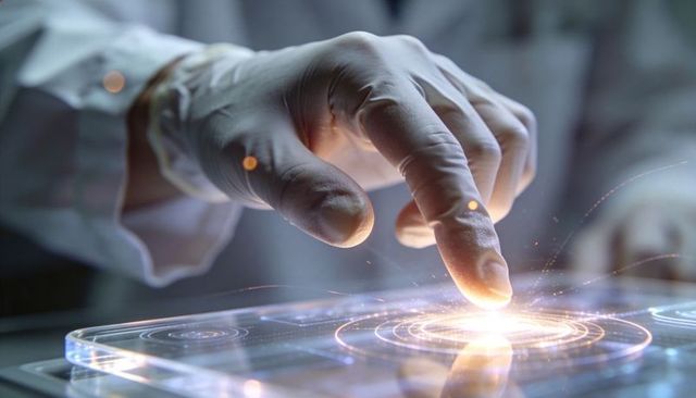 Gloved finger activating holographic circular interface on transparent glass console