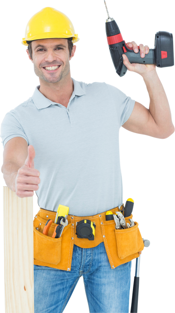 Smiling Male Carpenter Thumbs Up, Holding Drill Machine on Transparent Background - Download Free Stock Videos Pikwizard.com