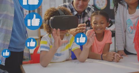 Diverse Children Engaging with VR Technology in Classroom