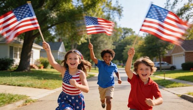 Children running and waving american flags in suburban neighborhood celebrating freedom