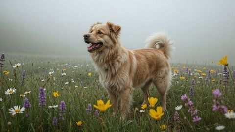 Fluffy golden barking dog standing in foggy wildflower meadow