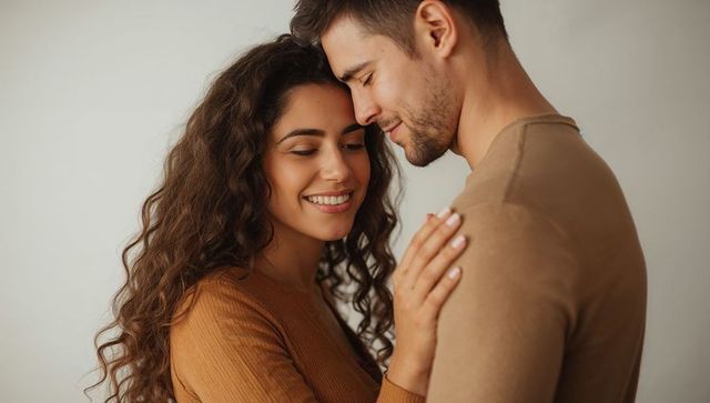 Intimate young couple touching foreheads smiling in warm beige tones soft light studio