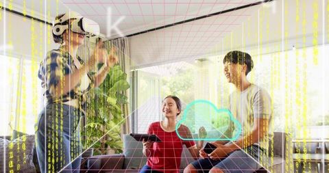 Friends exploring mixed reality in sunlit living room with vr headset and holographic cloud