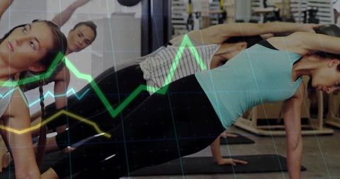 Group Exercise with Graph Overlay Symbolizing Progress in Gym