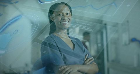 Confident Nurse in Scrubs with Digital Medical Analytics Overlay