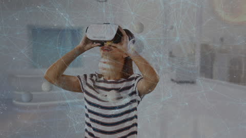 Woman Exploring Virtual Reality with Advanced Network Visualization