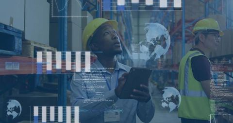 Warehouse workers using tablet with augmented reality inventory overlays for logistics