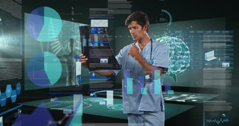 Male Doctor Analyzing X-Ray with Advanced Digital Data in High-Tech Environment