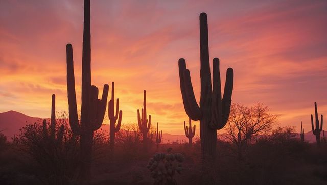 Silhouetted saguaro cacti against vibrant desert sunset