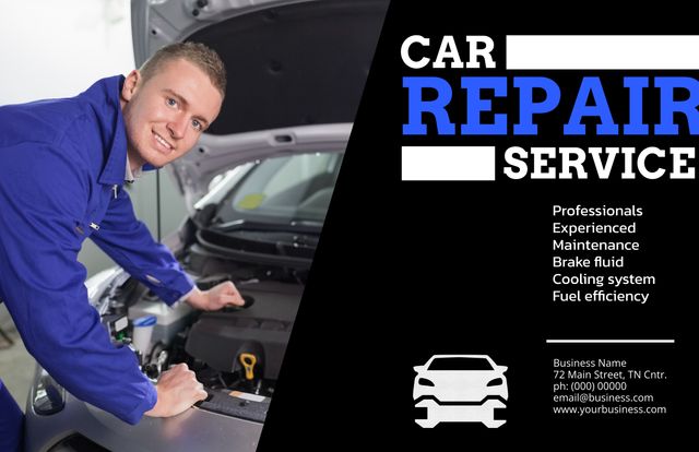 Image features a mechanic working under the hood of a car at a professional repair shop. Ideal for illustrating repair services, automotive maintenance, and promoting workshop expertise and reliability in marketing materials or automotive service brochures.