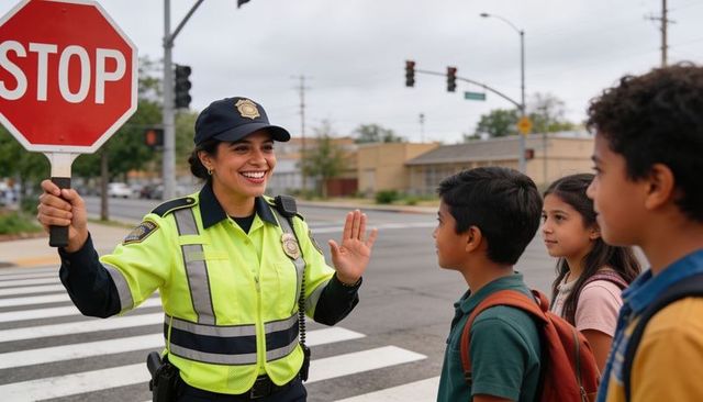 Smiling school crossing guard directing students holding stop sign at urban crosswalk