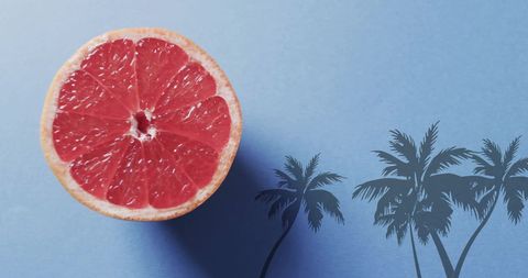 Fresh grapefruit with palm trees on blue background