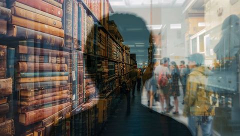 Surreal blend of vintage library and modern exhibition