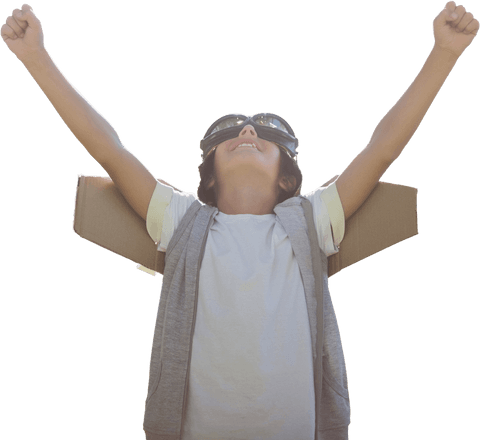 Joyful Boy With Cardboard Wings and Transparent Background