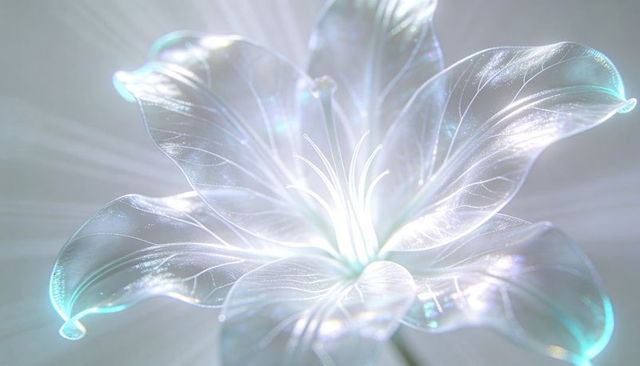 Luminous iridescent glasslike flower with translucent veined petals and sparkling stamens