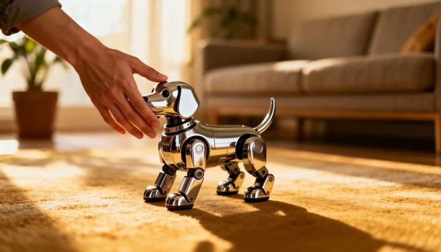 Chrome robotic dog being petted on sunlit living room rug for smart home lifestyle