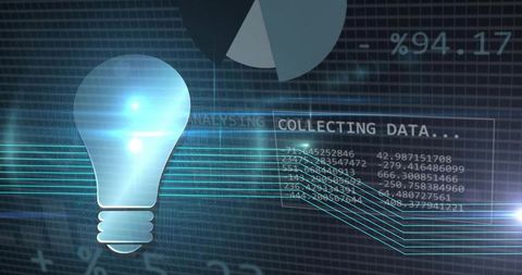 Futuristic glowing lightbulb hud streaming teal data lines collecting data panel modern dashboard