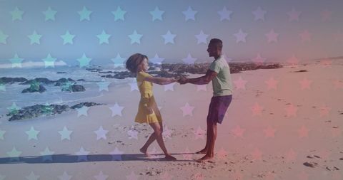Romantic African American Couple Dancing on Beach with Starry Overlay