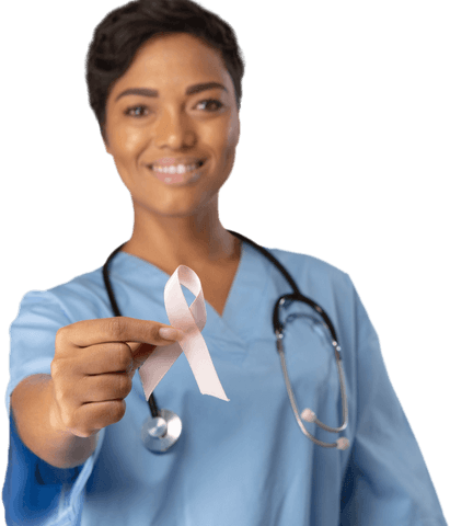 Transparent nurse promoting breast cancer awareness with pink ribbon