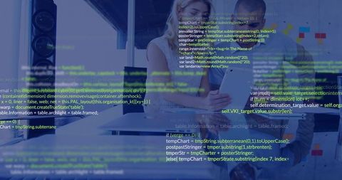 Software developers collaborating on live debugging with code overlay in modern bright office
