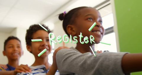 Children forming shoulder-to-shoulder chain with register overlay for school enrollment