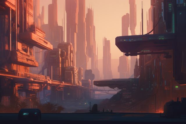 Futuristic industrial buildings and skyscrapers in desert, created using generative ai technology. Sci fi, cyberpunk, fantasy architecture and futuristic city concept digitally generated image.