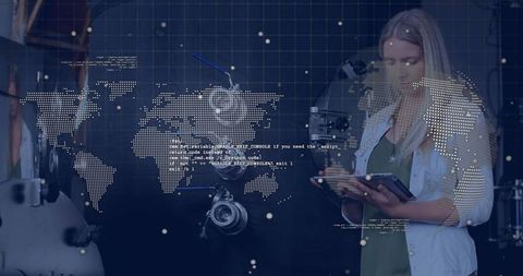 Woman Using Tablet Among Digital World Map and Data Analytics Visual