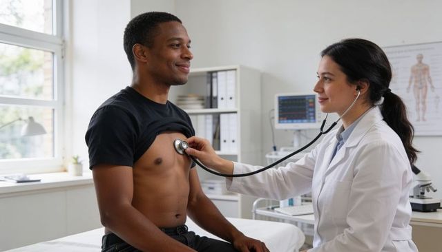 Physician auscultating male patient chest during routine health check in bright clinic