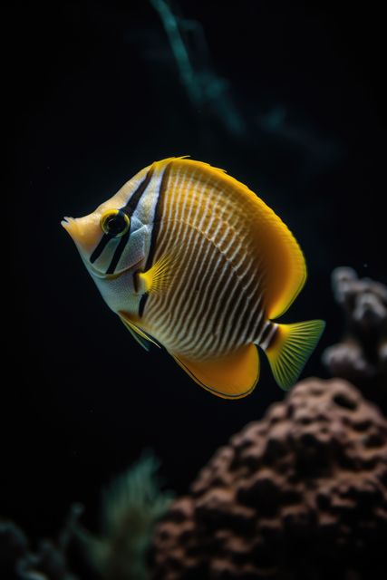 Brightly colored butterflyfish with yellow stripes swims gracefully in dark coral reef environment. Suitable for use in marine biology presentations, aquatic life conservation materials, underwater photography showcases, tropical fish aquarium advertisements, and ocean-themed educational resources.