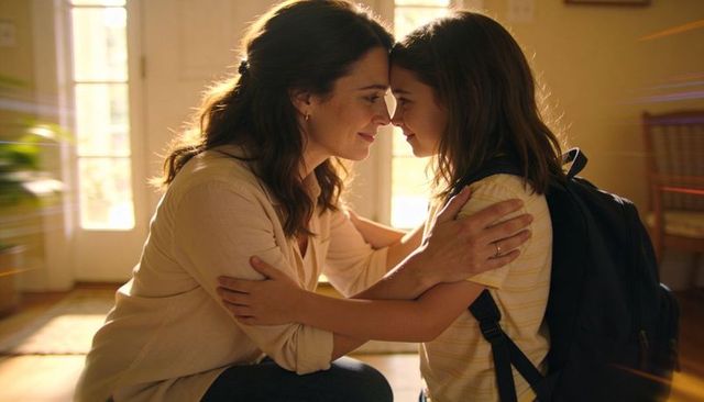 Mother kneeling holding daughter touching foreheads in sunny foyer with backpack