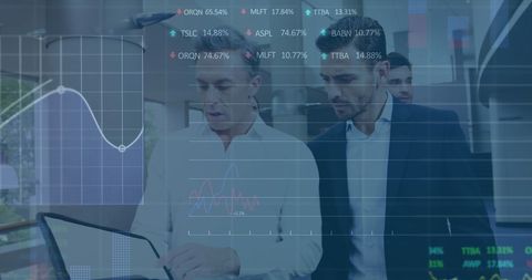Financial experts analyzing data with network graph in office