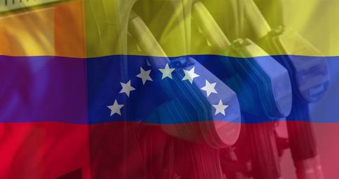 Venezuelan Flag Overlay on Gasoline Pumps Reflecting Energy Economy