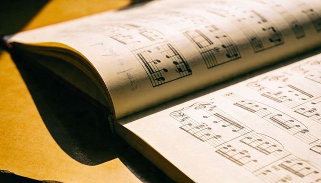 Open sheet music book on wooden table with warm sunlight, curved pages and closeup texture