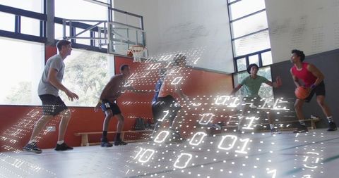 Basketball Team Practicing with Digital Innovation Overlay