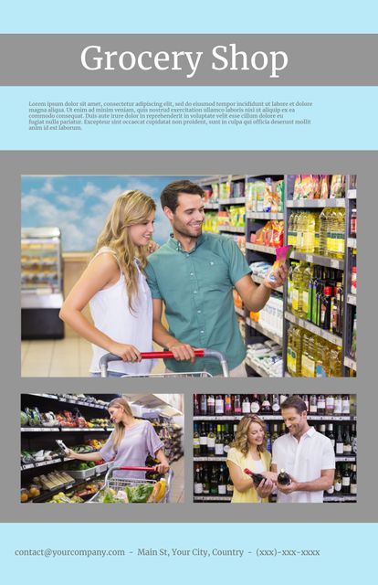 Couple enthusiastically exploring different products and offers in a supermarket, reflecting a positive and friendly shopping atmosphere. Suitable for advertising grocery stores, supermarkets, or retail promotions, emphasizing a comfortable and satisfying shopping experience.