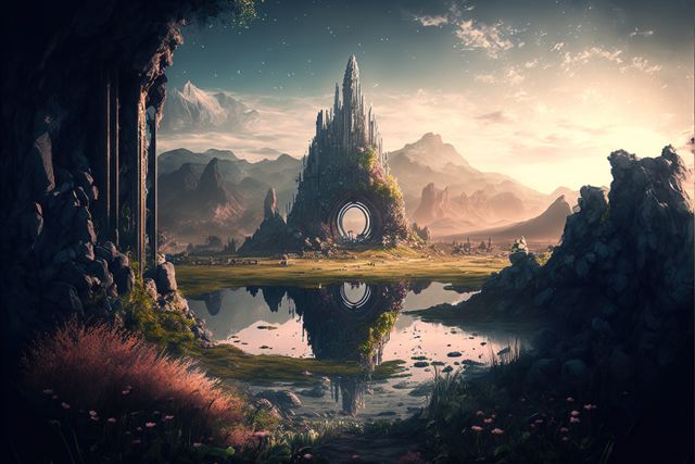 This tapestry-like landscape features a breathtaking, mystical castle embedded in a towering mountain, framed by a serene water reflection at sunset. Ideal for fantasy book covers, adventure art projects, game concept designs, and creating an otherworldly ambiance in creative presentations. Can be used in promoting travel and tourism campaigns for fictional locations or thematic events.