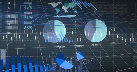 Futuristic financial dashboard showing global market trends, candlesticks and interactive charts