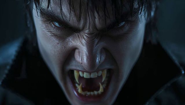 Menacing vampire snarl closeup with long fangs dark blue lighting intense horror portrait
