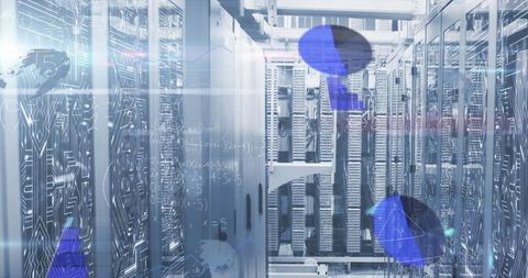 Futuristic data center with digital overlays and server racks