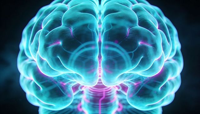 Glowing Translucent Brain Illuminating Neon Neural Pathways and Central Brainstem