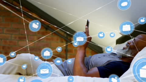 Elderly Man Relaxing with Smartphone and Network Icons Overlay