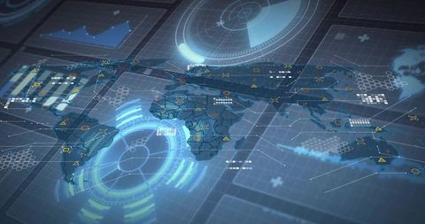 Projecting holographic global map with HUD reticles and data overlays for cyber analytics