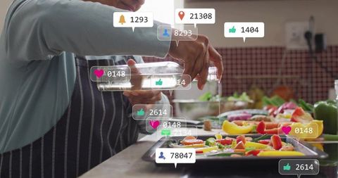Senior woman pouring olive oil over roasted vegetable tray with social media engagement overlays
