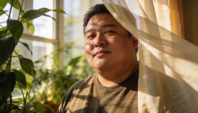 Sunlit asian man standing by window with sheer curtain and lush indoor plants, warm light