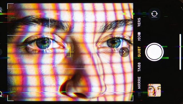 Close-up face filling smartphone viewfinder, projecting rgb grid and digital glitch